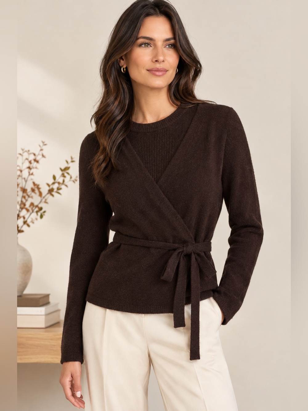 Joie Faux-Layered Cashmere Blend Wrap Sweater Chocolate Brown Minimalist Fall